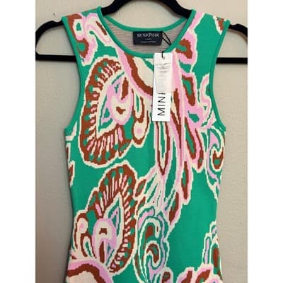 MINKPINK Sierra Knit Summer Sweater Fitted Mini Dress Green Pink XS NWT - Thumbnail 5
