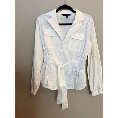 White House Black Market Tie-Waist Embroidered Poplin Shirt White XS NWOT - Thumbnail 2