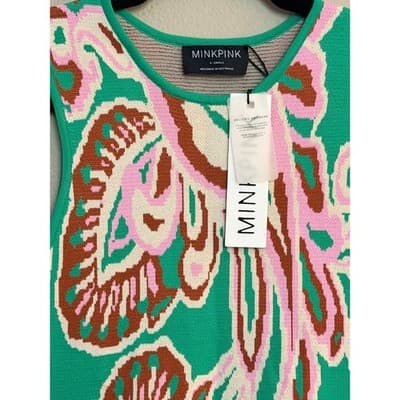 MINKPINK Sierra Knit Summer Sweater Fitted Mini Dress Green Pink XS NWT - Thumbnail 6