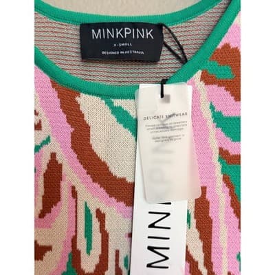 MINKPINK Sierra Knit Summer Sweater Fitted Mini Dress Green Pink XS NWT - Thumbnail 8