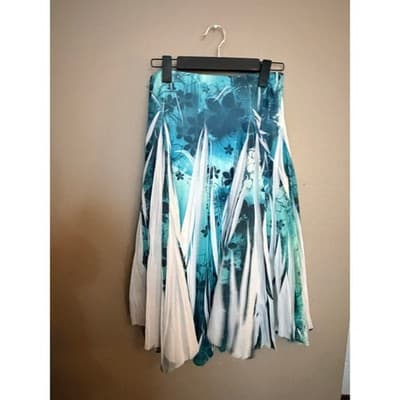 Studio Y Pleated Floral Print Asymmetric Hemline Midi Skirt Blue White Small - Thumbnail 7