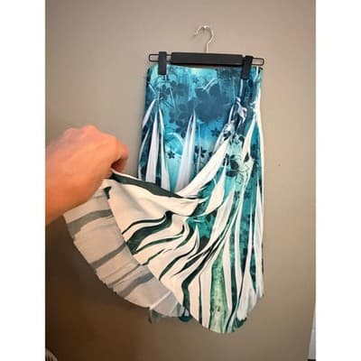 Studio Y Pleated Floral Print Asymmetric Hemline Midi Skirt Blue White Small - Thumbnail 6
