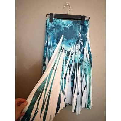Studio Y Pleated Floral Print Asymmetric Hemline Midi Skirt Blue White Small - Thumbnail 8