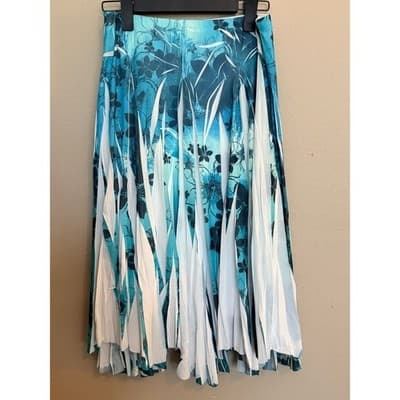 Studio Y Pleated Floral Print Asymmetric Hemline Midi Skirt Blue White Small - Thumbnail 19