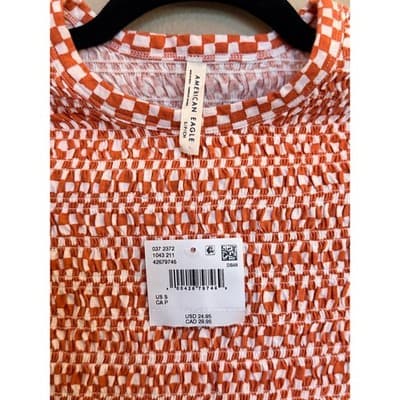 American Eagle Smocked Crop Top Women's Orange Stretch Short Sleeve Small NWT - Thumbnail 14