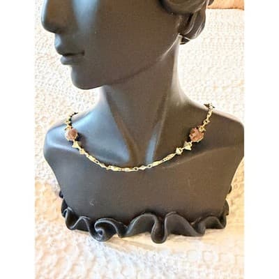 Gold Tone Garnet Gemstone Necklace Red Stone Link Chain Statement Jewelry