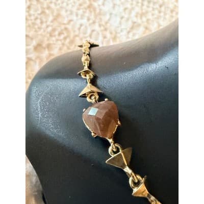 Gold Tone Garnet Gemstone Necklace Red Stone Link Chain Statement Jewelry - Thumbnail 3