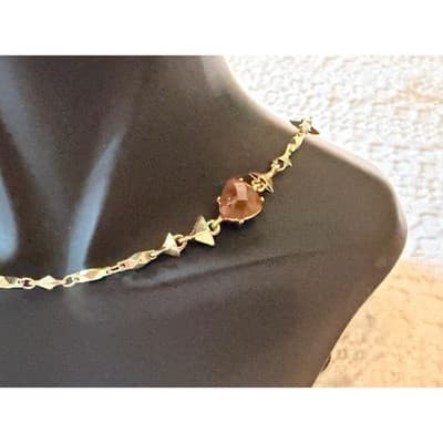 Gold Tone Garnet Gemstone Necklace Red Stone Link Chain Statement Jewelry - Thumbnail 2