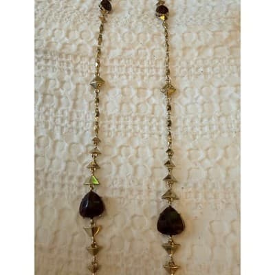 Gold Tone Garnet Gemstone Necklace Red Stone Link Chain Statement Jewelry - Thumbnail 8
