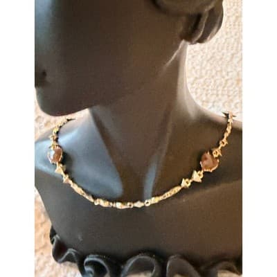 Gold Tone Garnet Gemstone Necklace Red Stone Link Chain Statement Jewelry - Thumbnail 4