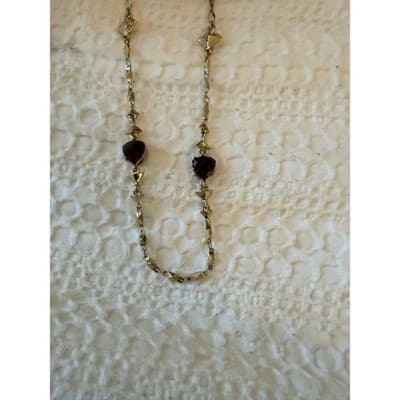 Gold Tone Garnet Gemstone Necklace Red Stone Link Chain Statement Jewelry - Thumbnail 10