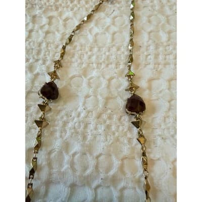 Gold Tone Garnet Gemstone Necklace Red Stone Link Chain Statement Jewelry - Thumbnail 7