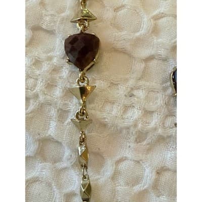 Gold Tone Garnet Gemstone Necklace Red Stone Link Chain Statement Jewelry - Thumbnail 5