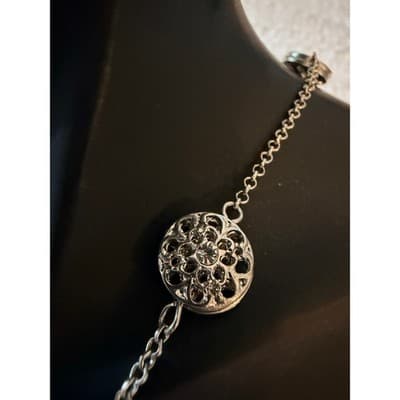 Silver Tone Station Necklace Rhinestone Medallion Chain Fashion Jewelry - Thumbnail 3