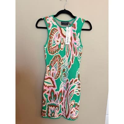 MINKPINK Sierra Knit Summer Sweater Fitted Mini Dress Green Pink XS NWT - Thumbnail 2