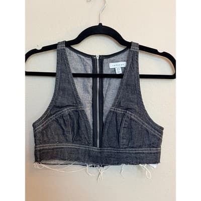 TOPSHOP Halter Corset Zipper Front Raw Hem Denim Crop Top Black Size 4 - Thumbnail 2