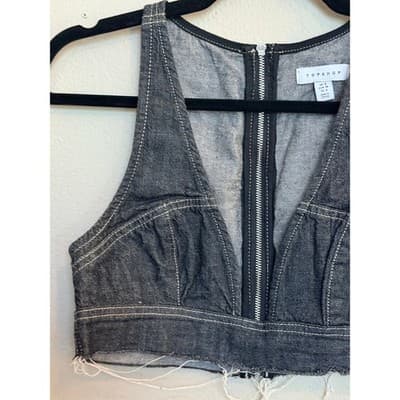 TOPSHOP Halter Corset Zipper Front Raw Hem Denim Crop Top Black Size 4 - Thumbnail 3