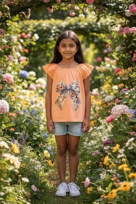 Girls Cat & Jack Lattice Bow Blouse Top Shirt Custom Design 1/1 OOAK Peach Gray - Thumbnail 3