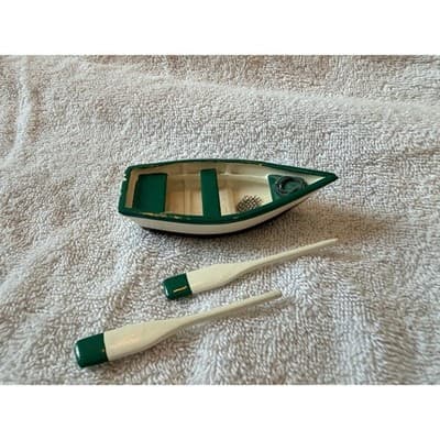 Vintage 1950s Wooden Skiff Row Boat Miniature Fishing Boat w/ Paddles Nautical - Thumbnail 3