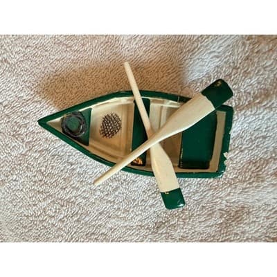 Vintage 1950s Wooden Skiff Row Boat Miniature Fishing Boat w/ Paddles Nautical - Thumbnail 2