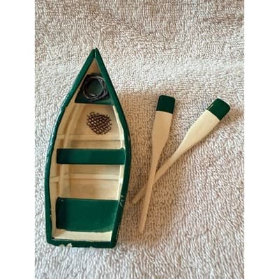 Vintage 1950s Wooden Skiff Row Boat Miniature Fishing Boat w/ Paddles Nautical - Thumbnail 9