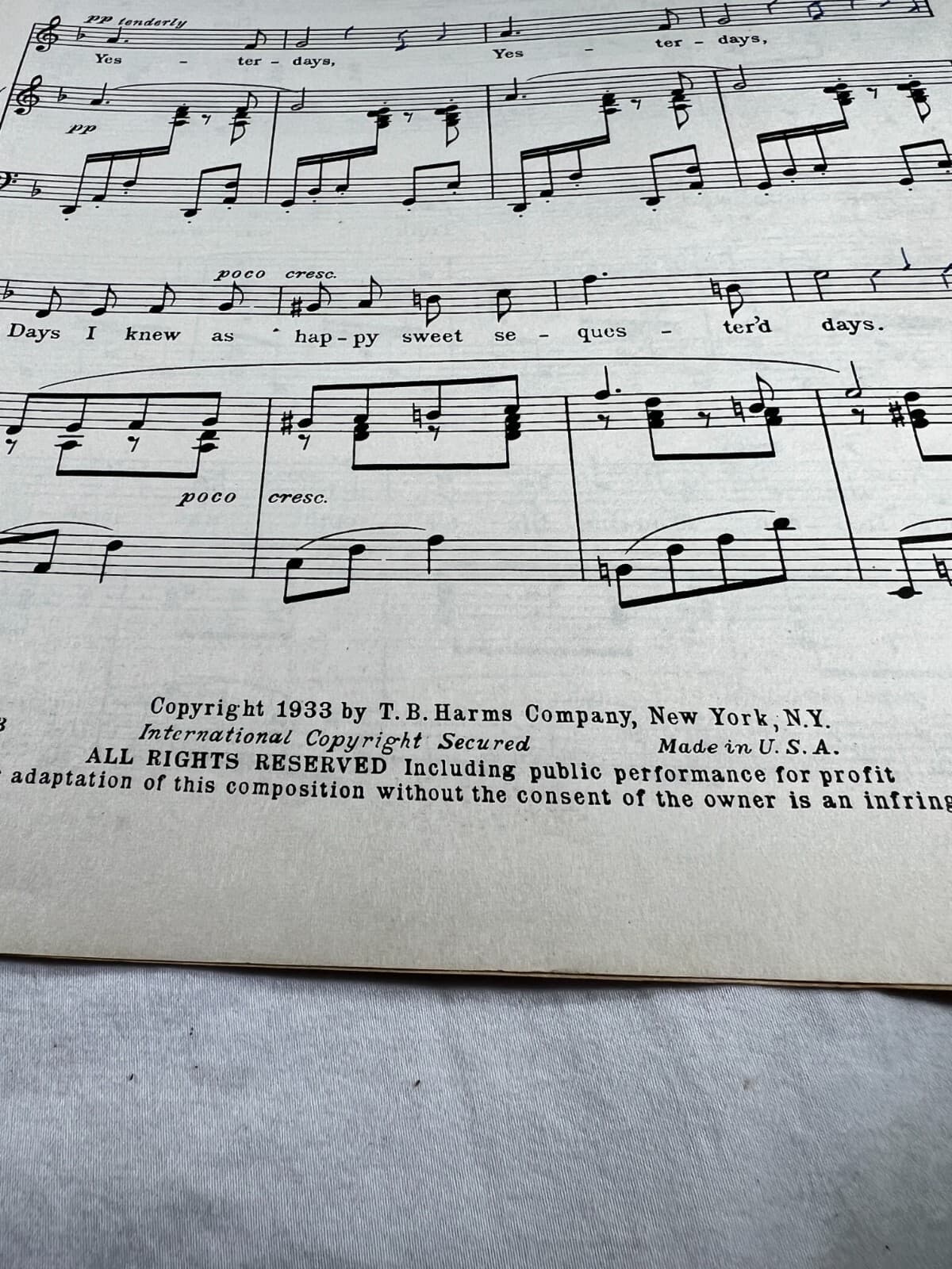 Yesterdays Sheet Music RKO Roberta Fred Astaire Ginger Rogers 1933 Vintage - Thumbnail 3