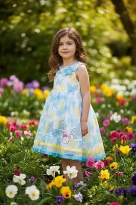 Girls Gorgeous Easter Dress Custom Design 1/1 Exclusive Blue Yellow Chiffon OOAK - Thumbnail 11