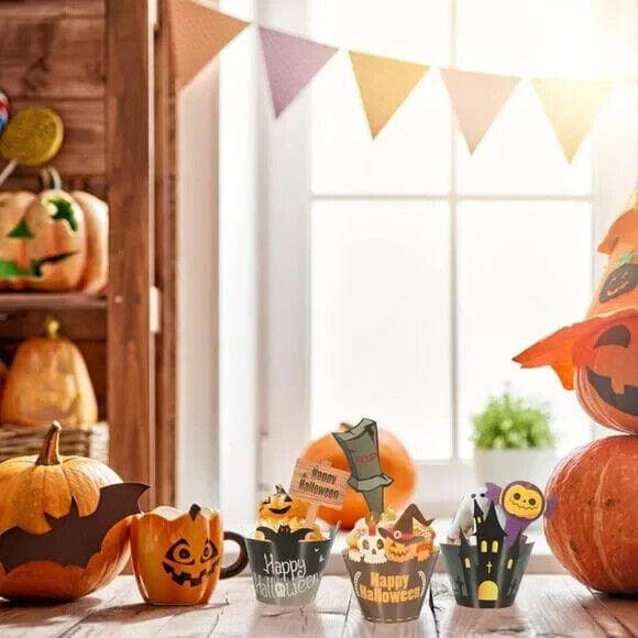 Halloween Cupcake Toppers and Wrappers, 12pcs Halloween Cupcake Wrapper and 12pc - Thumbnail 4