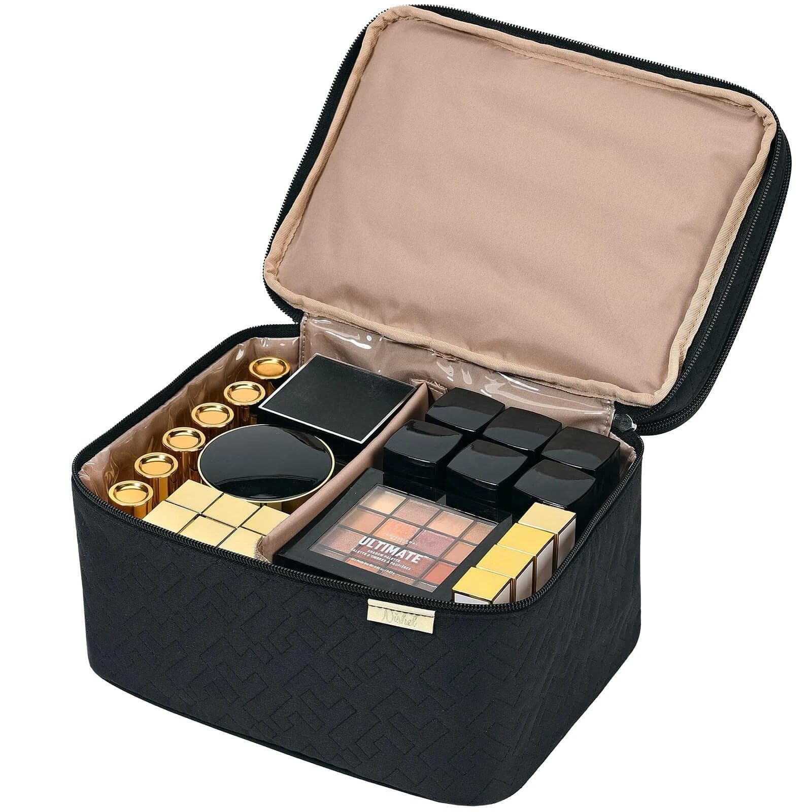 ** NISHEL Large Double Layer Travel Makeup Bag Women, Cosmetic Case, Black - Thumbnail 3