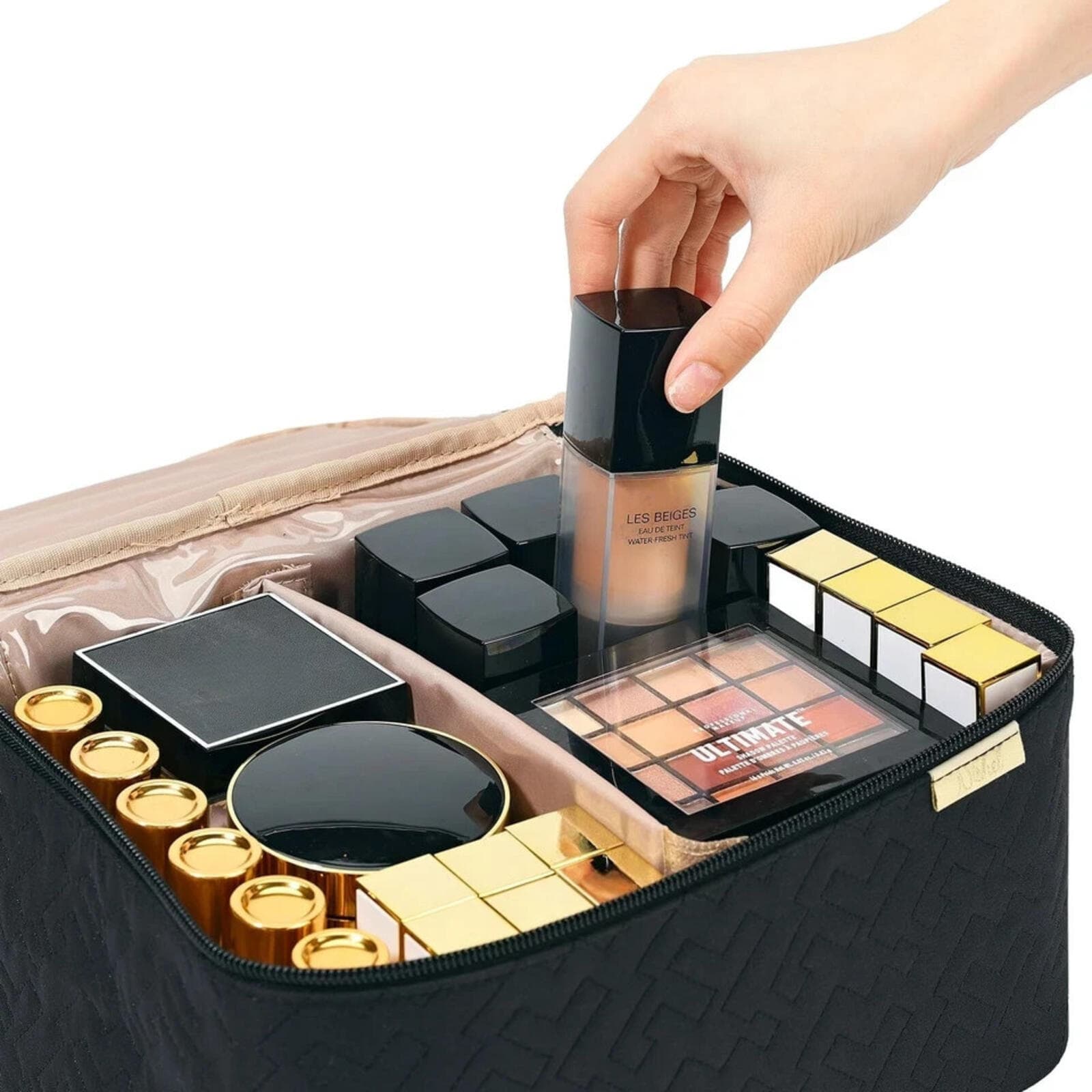 ** NISHEL Large Double Layer Travel Makeup Bag Women, Cosmetic Case, Black - Thumbnail 5