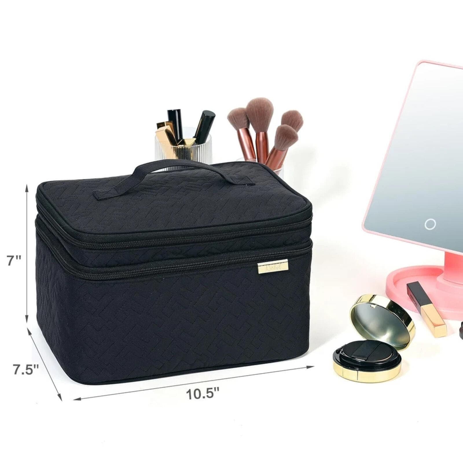 ** NISHEL Large Double Layer Travel Makeup Bag Women, Cosmetic Case, Black - Thumbnail 6