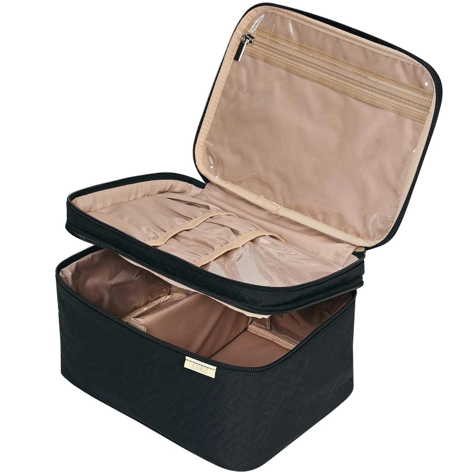 ** NISHEL Large Double Layer Travel Makeup Bag Women, Cosmetic Case, Black