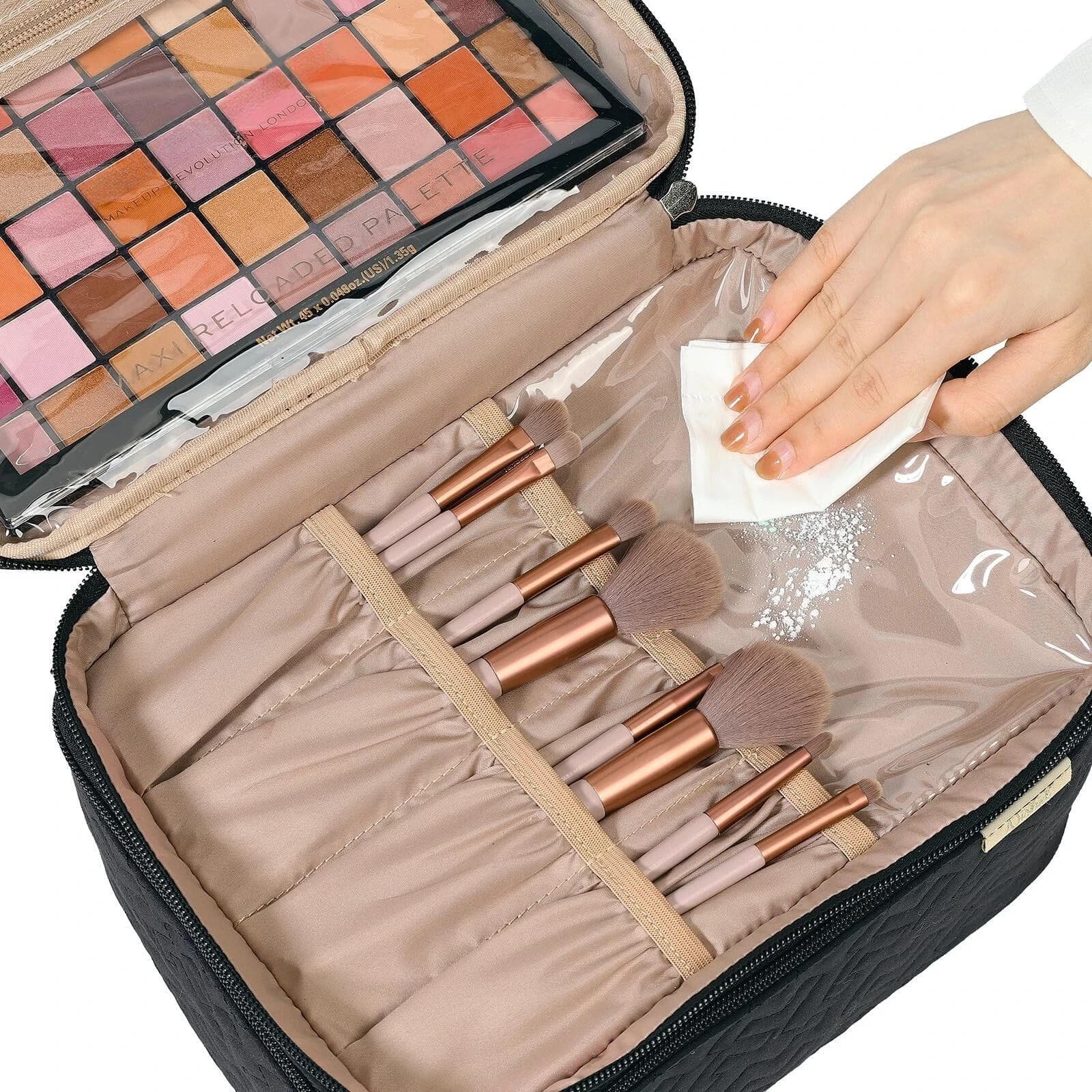 ** NISHEL Large Double Layer Travel Makeup Bag Women, Cosmetic Case, Black - Thumbnail 4