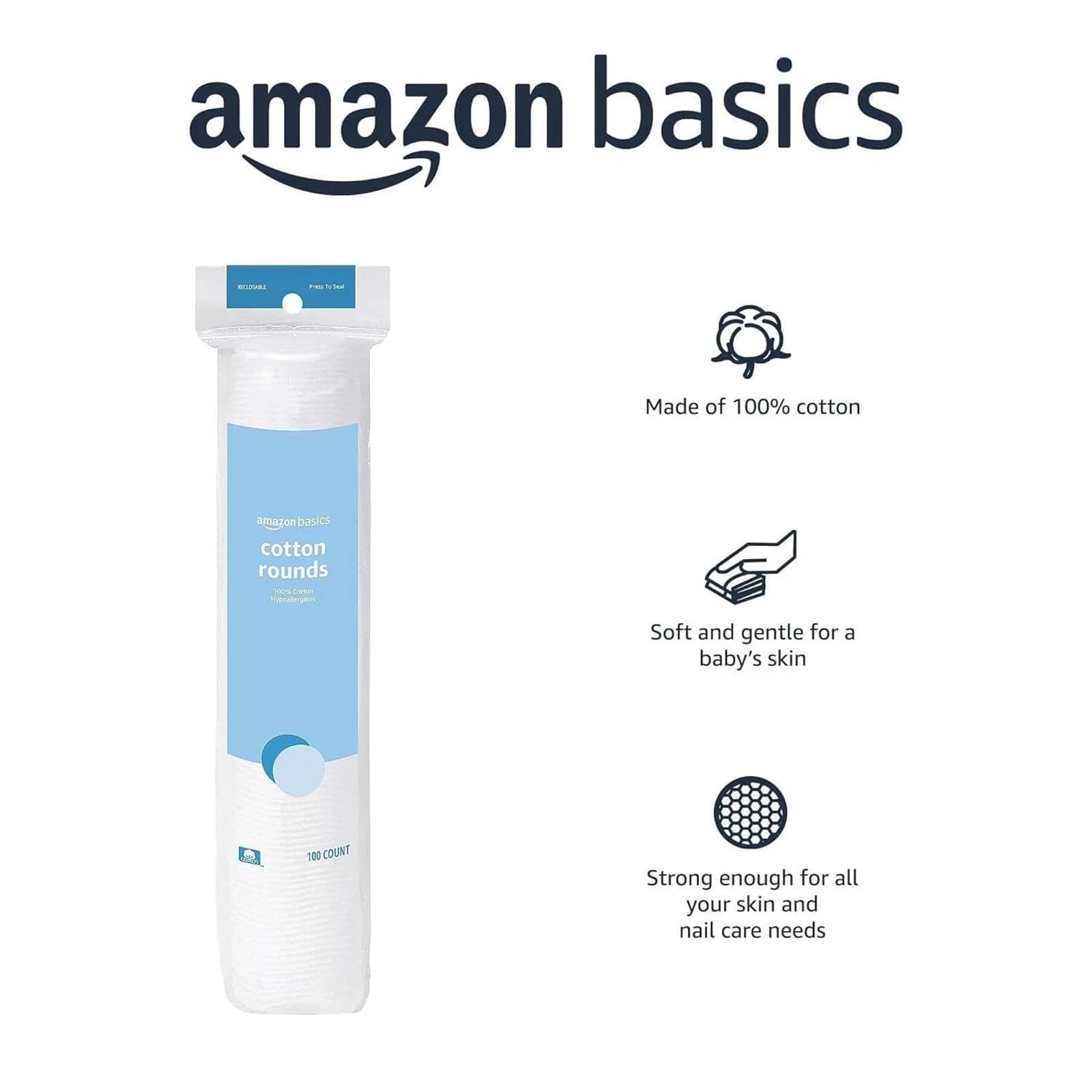 Amazon Basics Hypoallergenic 100% Soft Cotton Rounds, 100 Count EA (5 PACKS) - Thumbnail 3