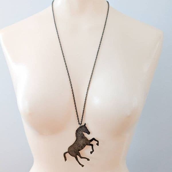 Bronze Horse Pendant Long Chain Necklace - Thumbnail 3