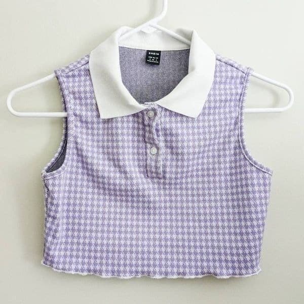 Shein Houndstooth Purple Collared Cropped Polo Tee - Thumbnail 2