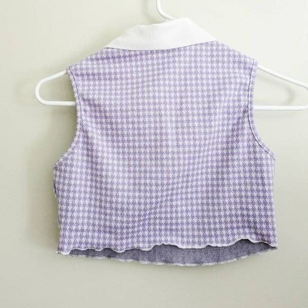 Shein Houndstooth Purple Collared Cropped Polo Tee - Thumbnail 3