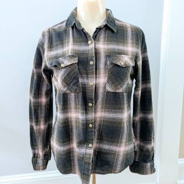 Passport Brown and Pink Plaid Flannel Button Up Top