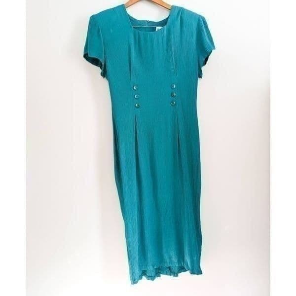 Vintage Betsy Lauren Teal Square Neck Midi Dress - Thumbnail 3