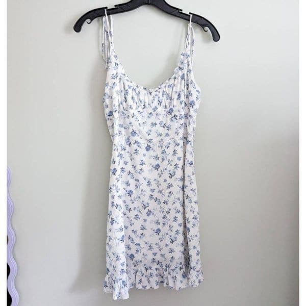 Olivaceous Ruffle White and Blue Floral Dress
