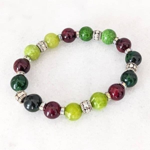 Green Red and Silver Bead Bracelet