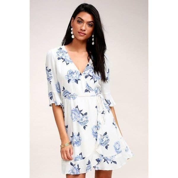 Lulus Pretty Peony Blue and White Floral Print Wrap Dress