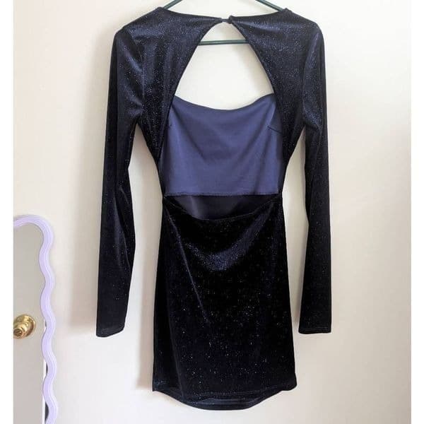 Lovely Day Long Sleeve Blue Glitter Velvet Dress - Thumbnail 4