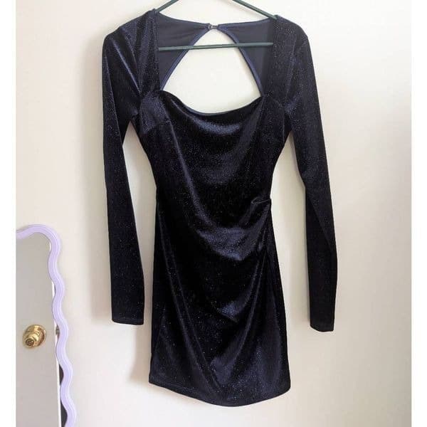Lovely Day Long Sleeve Blue Glitter Velvet Dress - Thumbnail 3