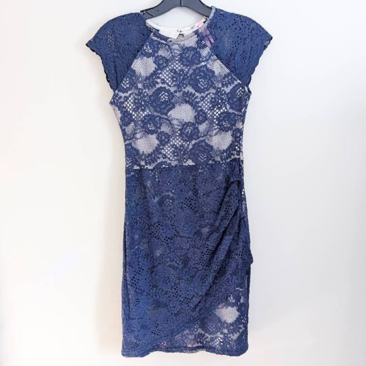 Lipsy UK Lace Bodycon Short Sleeve Dress Navy - Thumbnail 2