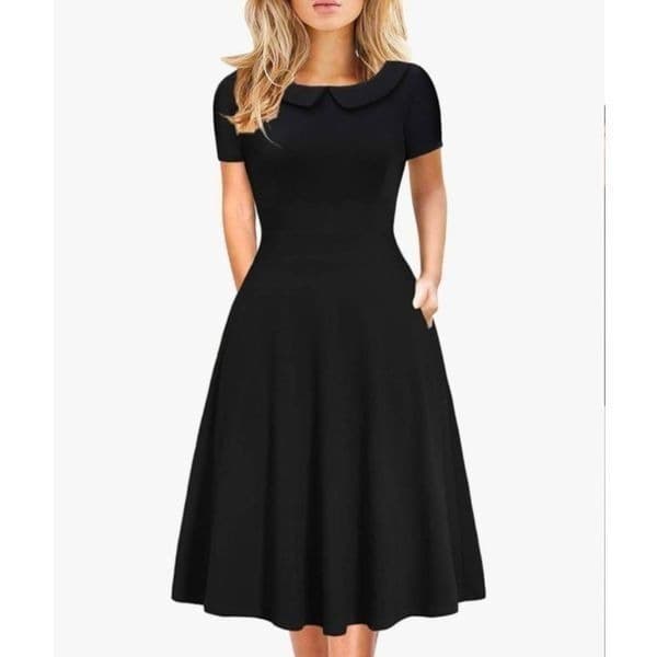 Black Cotton A-Line Dress with Pockets and Lace Trim - Thumbnail 6