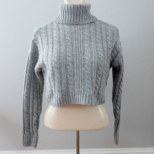 Love Tree Drop Shoulder Cropped Turtleneck Cable Knit Sweater Gray