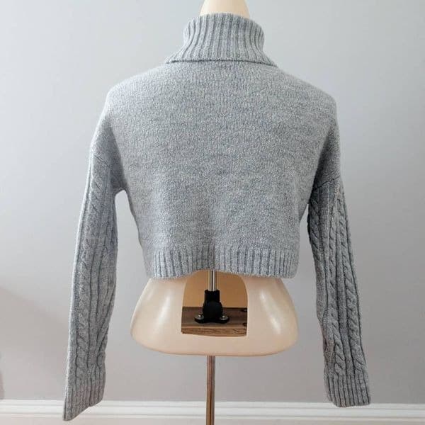 Love Tree Drop Shoulder Cropped Turtleneck Cable Knit Sweater Gray - Thumbnail 2