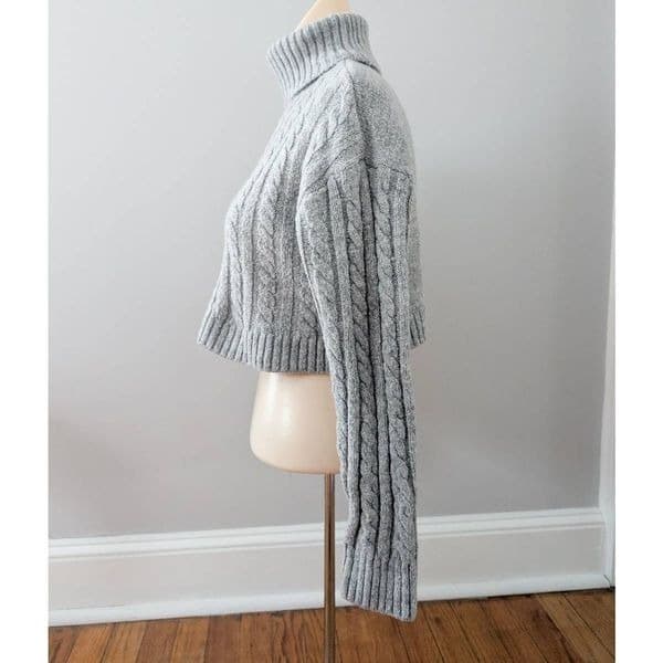 Love Tree Drop Shoulder Cropped Turtleneck Cable Knit Sweater Gray - Thumbnail 3