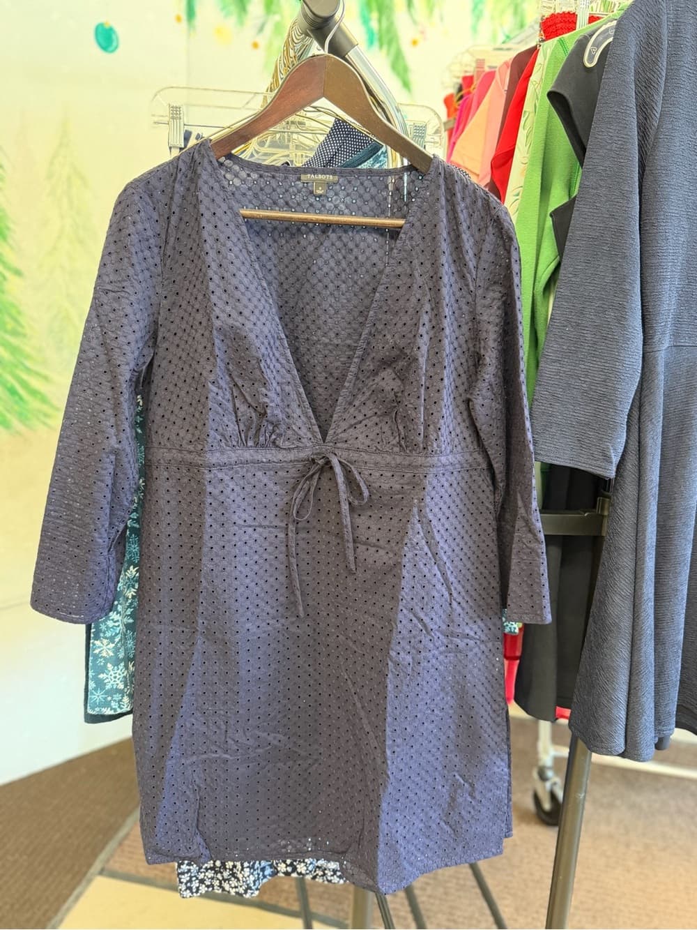 Navy Blue Eyelet Tie-Front Dress - Thumbnail 3
